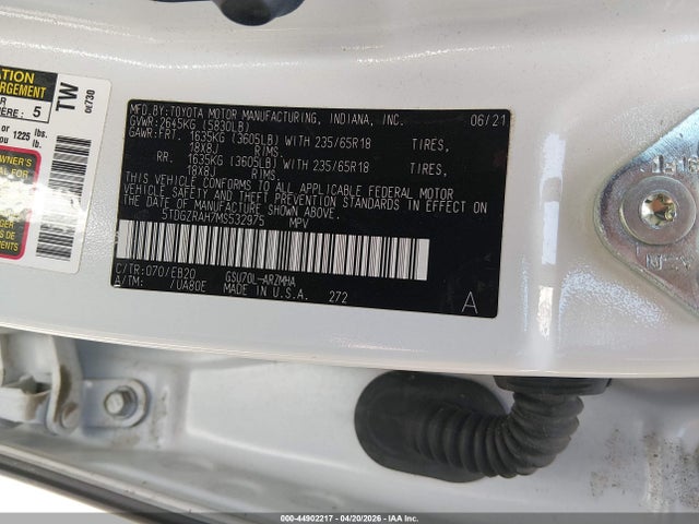 Aukcja sprzedaży 2021 Toyota Highlander Xle, vin: 5TDGZRAH7MS532975, numer aukcji: 44902217