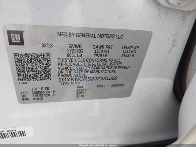 2018 Cadillac Xt5 Luxury მანქანა იყიდება აუქციონზე, vin: 1GYKNCRS2JZ221560, აუქციონის ნომერი: 44902227