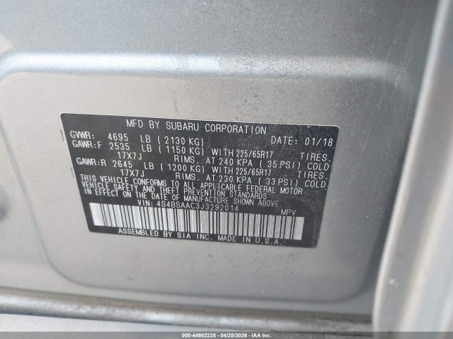 44902235 :رقم المزاد ، 4S4BSAAC3J3292014 vin ، 2018 Subaru Outback 2.5i مزاد بيع