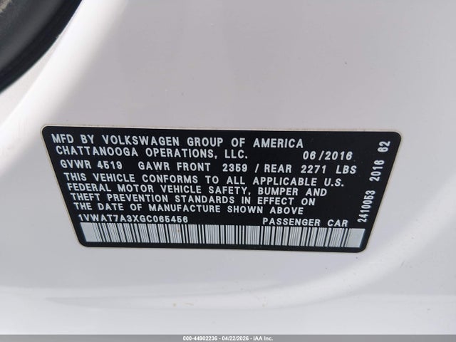 Продаж на аукціоні авто 2016 Volkswagen Passat 1.8t R-line, vin: 1VWAT7A3XGC065456, номер лоту: 44902236