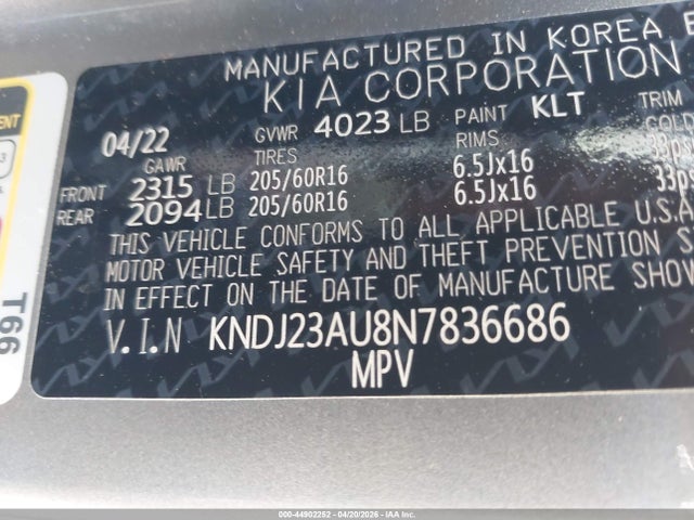 2022 Kia Soul Lx მანქანა იყიდება აუქციონზე, vin: KNDJ23AU8N7836686, აუქციონის ნომერი: 44902252