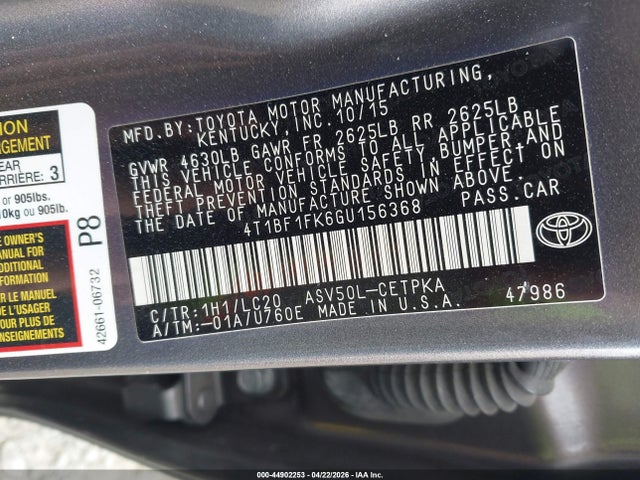 44902253 :رقم المزاد ، 4T1BF1FK6GU156368 vin ، 2016 Toyota Camry Xse مزاد بيع