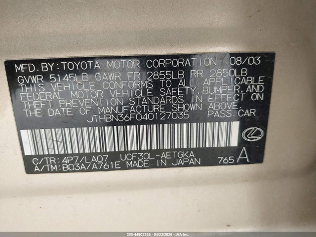 Продаж на аукціоні авто 2004 Lexus Ls 430, vin: JTHBN36F040127035, номер лоту: 44902266