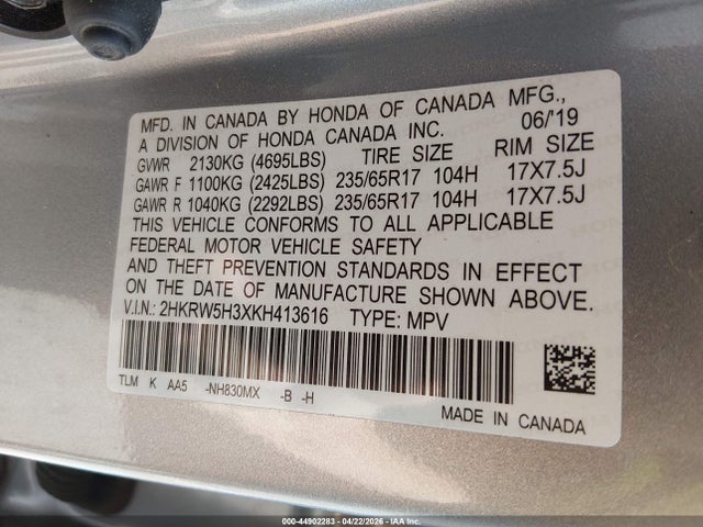 Aukcja sprzedaży 2019 Honda Cr-v Lx, vin: 2HKRW5H3XKH413616, numer aukcji: 44902283