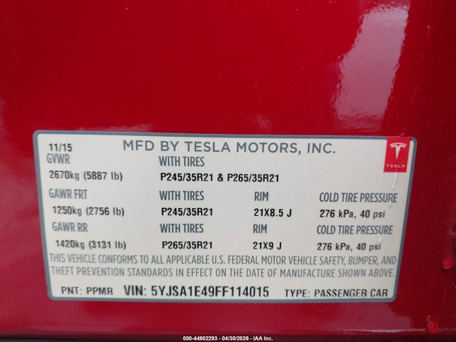 Продаж на аукціоні авто 2015 Tesla Model S 85d/p85d, vin: 5YJSA1E49FF114015, номер лоту: 44902293