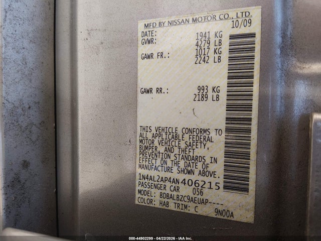 44902299 :رقم المزاد ، 1N4AL2AP4AN406215 vin ، 2010 Nissan Altima 2.5 S مزاد بيع