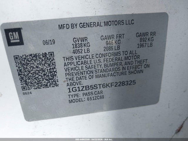 Продаж на аукціоні авто 2019 Chevrolet Malibu 1ls, vin: 1G1ZB5ST6KF228325, номер лоту: 44902309