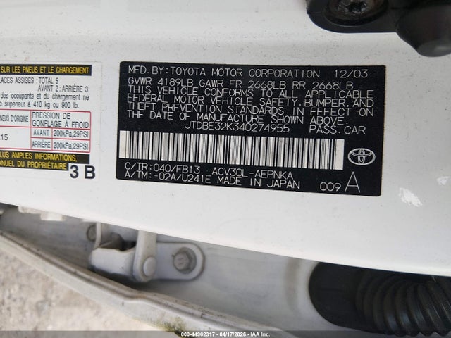 2004 Toyota Camry Le მანქანა იყიდება აუქციონზე, vin: JTDBE32K340274955, აუქციონის ნომერი: 44902317