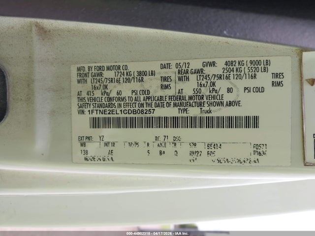 2012 Ford E-250 Commercial მანქანა იყიდება აუქციონზე, vin: 1FTNE2EL1CDB08257, აუქციონის ნომერი: 44902318
