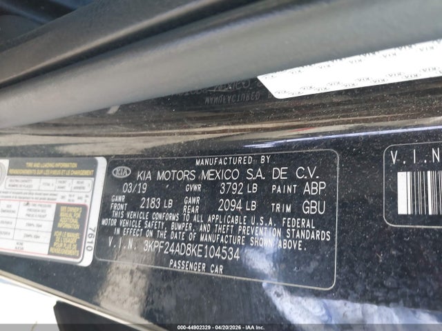 2019 Kia Forte Lxs მანქანა იყიდება აუქციონზე, vin: 3KPF24AD8KE104534, აუქციონის ნომერი: 44902329