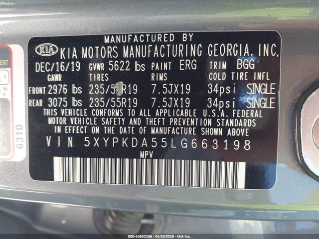 44902356 :رقم المزاد ، 5XYPKDA55LG663198 vin ، 2020 Kia Sorento 3.3l Sx مزاد بيع