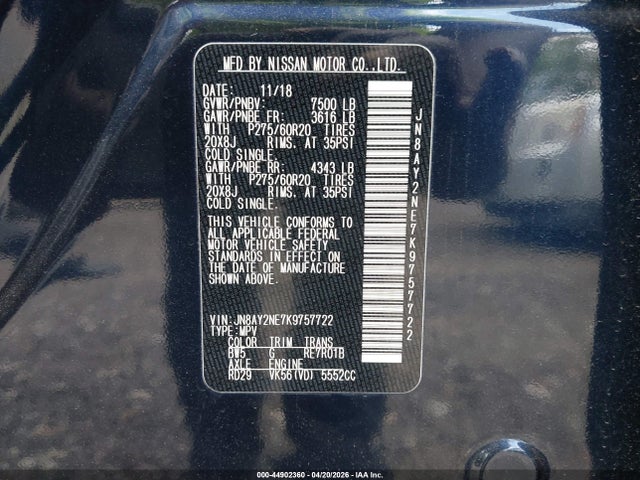 2019 Nissan Armada Platinum მანქანა იყიდება აუქციონზე, vin: JN8AY2NE7K9757722, აუქციონის ნომერი: 44902360