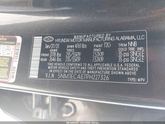 2023 Hyundai Tucson Limited მანქანა იყიდება აუქციონზე, vin: 5NMJECAE7PH227326, აუქციონის ნომერი: 44902361