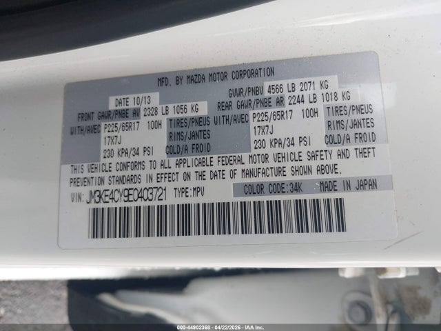 44902368 :رقم المزاد ، JM3KE4CY9E0403721 vin ، 2014 Mazda Cx-5 Touring مزاد بيع