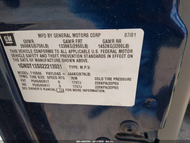 2002 Chevrolet Trailblazer Ltz მანქანა იყიდება აუქციონზე, vin: 1GNDT13S022213931, აუქციონის ნომერი: 44902393