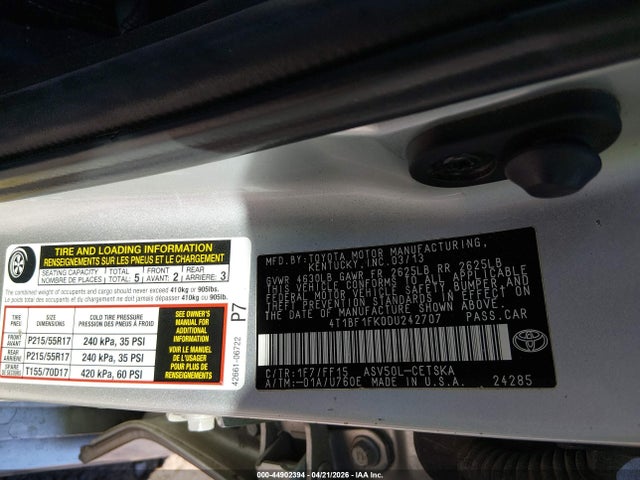 2013 Toyota Camry Se მანქანა იყიდება აუქციონზე, vin: 4T1BF1FK0DU242707, აუქციონის ნომერი: 44902394