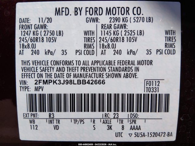 Aukcja sprzedaży 2020 Ford Edge Sel, vin: 2FMPK3J98LBB42666, numer aukcji: 44902409