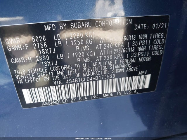 4S4BTGLD4M3173530 Subaru Outback Onyx Edition Xt