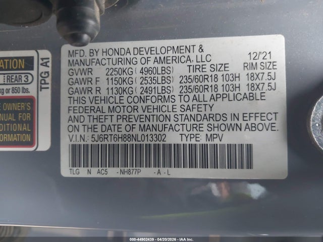 Продажа на аукционе авто 2022 Honda Cr-v Hybrid Ex-l, vin: 5J6RT6H88NL013302, номер лота: 44902439