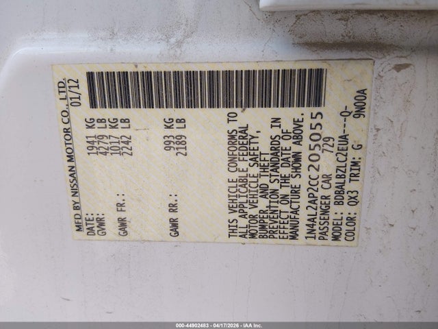 Auction sale of the 2012 Nissan Altima 2.5 S, vin: 1N4AL2AP2CC205055, lot number: 44902483
