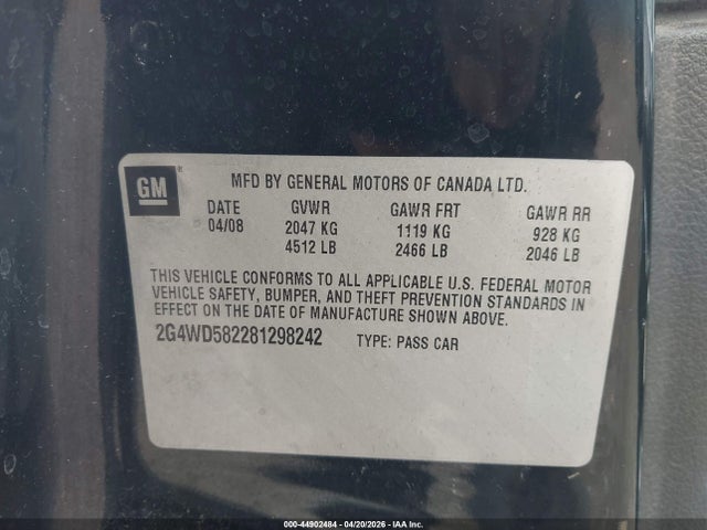Продажа на аукционе авто 2008 Buick Lacrosse Cxl, vin: 2G4WD582281298242, номер лота: 44902484