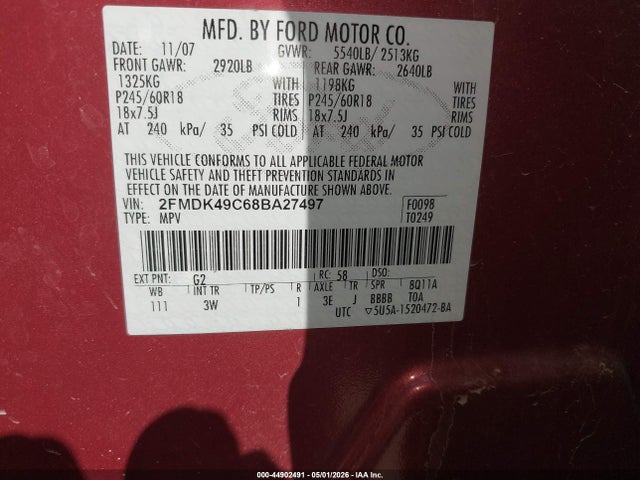 Продаж на аукціоні авто 2008 Ford Edge Limited, vin: 2FMDK49C68BA27497, номер лоту: 44902491