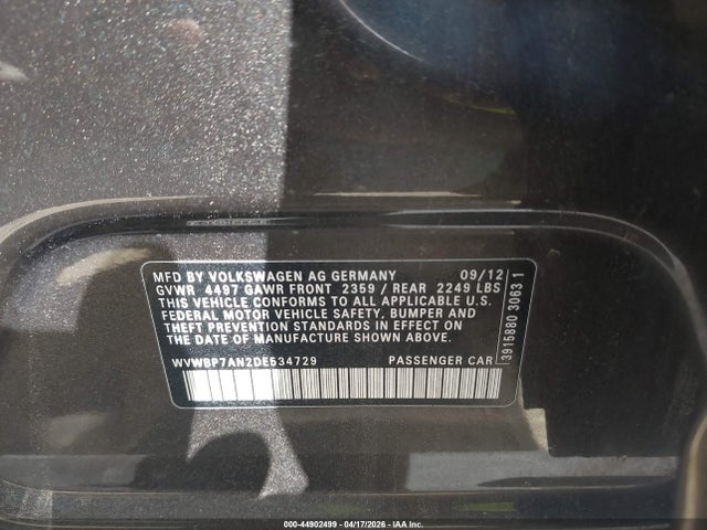 2013 Volkswagen Cc 2.0t Sport მანქანა იყიდება აუქციონზე, vin: WVWBP7AN2DE534729, აუქციონის ნომერი: 44902499