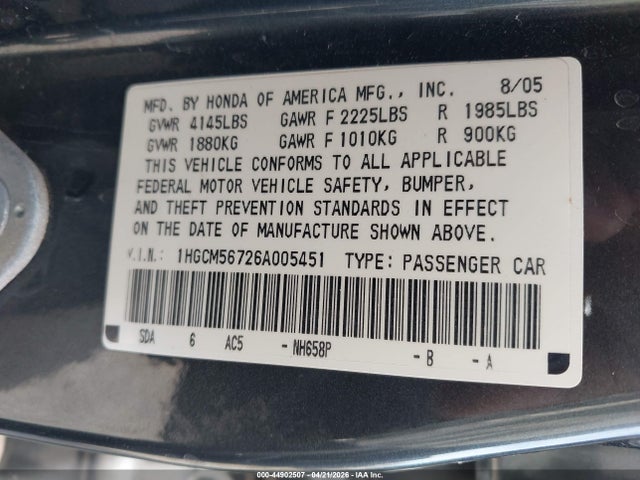 44902507 :رقم المزاد ، 1HGCM56726A005451 vin ، 2006 Honda Accord 2.4 Ex مزاد بيع