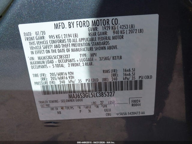 Продажа на аукционе авто 2020 Ford Ecosport Se, vin: MAJ6S3GL5LC385327, номер лота: 44902515