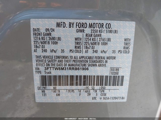 Продаж на аукціоні авто 2024 Ford Maverick Lariat, vin: 3FTTW8M31RRB61906, номер лоту: 44902527