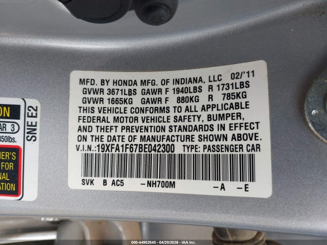 44902545 :رقم المزاد ، 19XFA1F67BE042300 vin ، 2011 Honda Civic Lx-s مزاد بيع