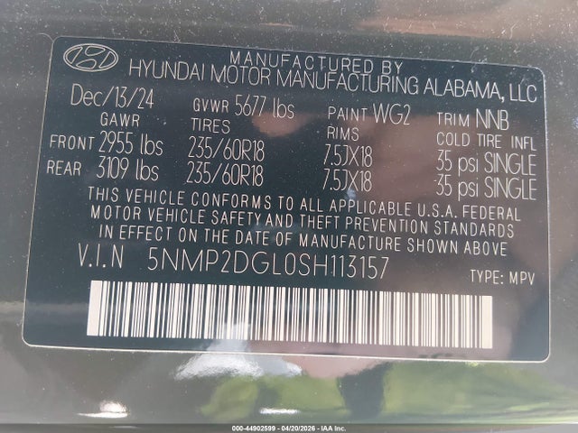 2025 Hyundai Santa Fe Sel მანქანა იყიდება აუქციონზე, vin: 5NMP2DGL0SH113157, აუქციონის ნომერი: 44902599