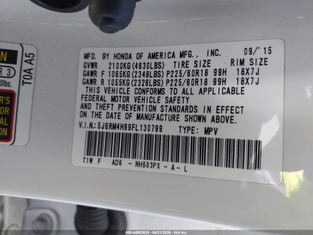 Honda Cr-v Touring 2015 5J6RM4H99FL130799 Image 9