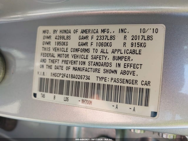 44902621 :رقم المزاد ، 1HGCP2F41BA026734 vin ، 2011 Honda Accord 2.4 Lx-p مزاد بيع
