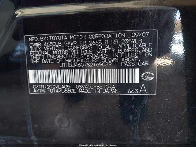 Продаж на аукціоні авто 2008 Lexus Es 350, vin: JTHBJ46G782169089, номер лоту: 44902630