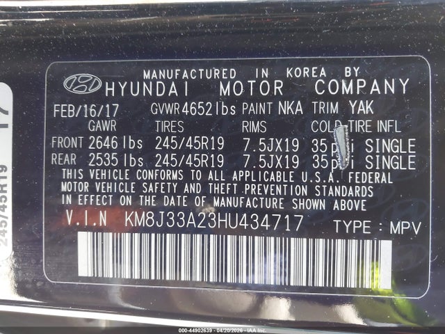 44902639 :رقم المزاد ، KM8J33A23HU434717 vin ، 2017 Hyundai Tucson Limited مزاد بيع