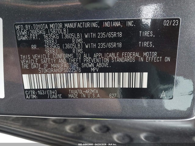 44902660 :رقم المزاد ، 5TDKDRAH0PS022576 vin ، 2023 Toyota Highlander Xle مزاد بيع
