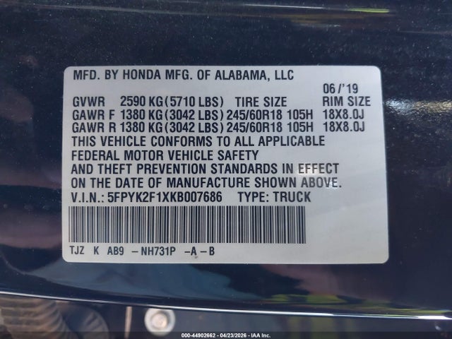 Продажа на аукционе авто 2019 Honda Ridgeline Sport, vin: 5FPYK2F1XKB007686, номер лота: 44902662