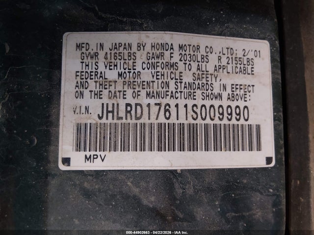 Aukcja sprzedaży 2001 Honda Cr-v Ex, vin: JHLRD17611S009990, numer aukcji: 44902663