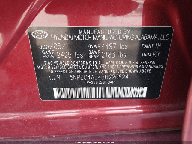 Продажа на аукционе авто 2011 Hyundai Sonata Se 2.0t, vin: 5NPEC4AB4BH220624, номер лота: 44902669