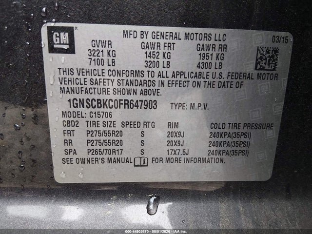 Продажа на аукционе авто 2015 Chevrolet Tahoe Lt, vin: 1GNSCBKC0FR647903, номер лота: 44902670