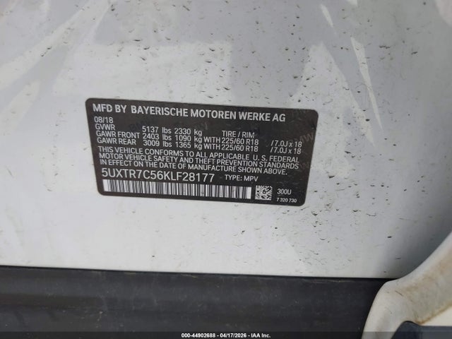 Продаж на аукціоні авто 2019 Bmw X3 Sdrive30i, vin: 5UXTR7C56KLF28177, номер лоту: 44902688