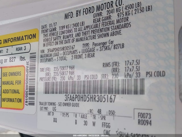 Aukcja sprzedaży 2017 Ford Fusion Se, vin: 3FA6P0HD5HR305167, numer aukcji: 44902694
