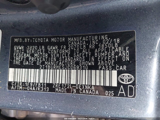 2018 Toyota Corolla Le მანქანა იყიდება აუქციონზე, vin: 2T1BURHE5JC069310, აუქციონის ნომერი: 44902695