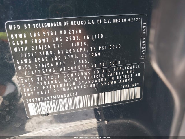 2021 Volkswagen Tiguan 2.0t Se/2.0t Se R-line Black/2.0t Sel მანქანა იყიდება აუქციონზე, vin: 3VV3B7AX2MM080644, აუქციონის ნომერი: 44902710