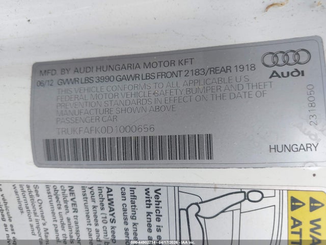 44902714 :رقم المزاد ، TRUKFAFK0D1000656 vin ، 2013 Audi Tt 2.0t Premium Plus مزاد بيع