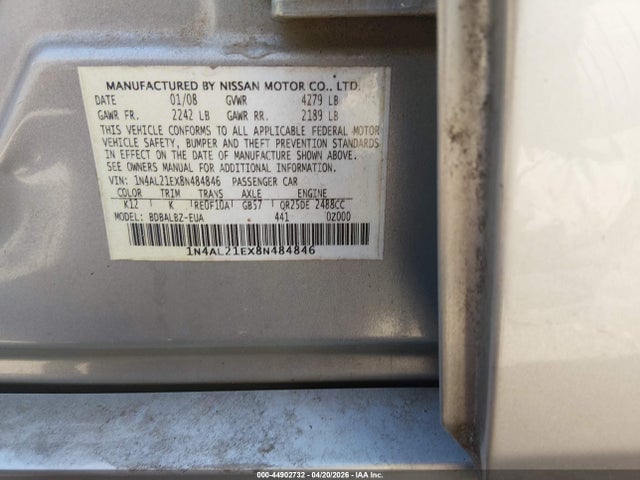 2008 Nissan Altima 2.5 S მანქანა იყიდება აუქციონზე, vin: 1N4AL21EX8N484846, აუქციონის ნომერი: 44902732