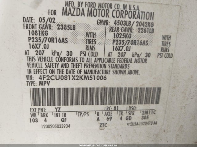 44902733 :رقم المزاد ، 4F2CU081X2KM51006 vin ، 2002 Mazda Tribute Es V6/lx V6 مزاد بيع