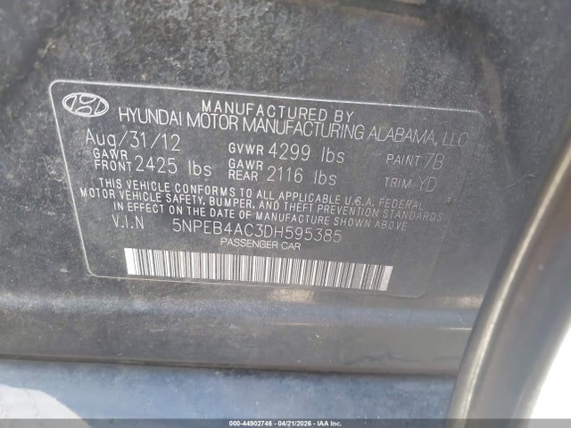 Продажа на аукционе авто 2013 Hyundai Sonata Gls, vin: 5NPEB4AC3DH595385, номер лота: 44902746