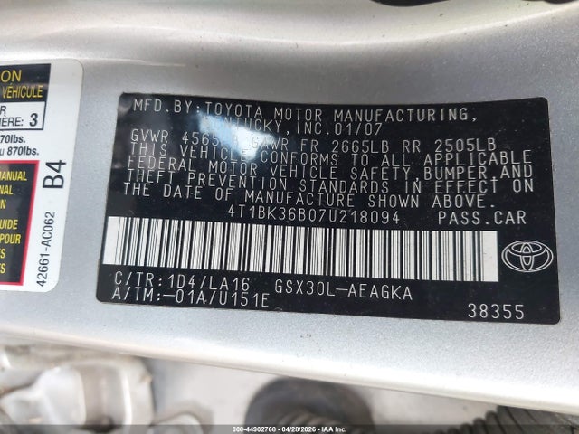 Aukcja sprzedaży 2007 Toyota Avalon Xls, vin: 4T1BK36B07U218094, numer aukcji: 44902768
